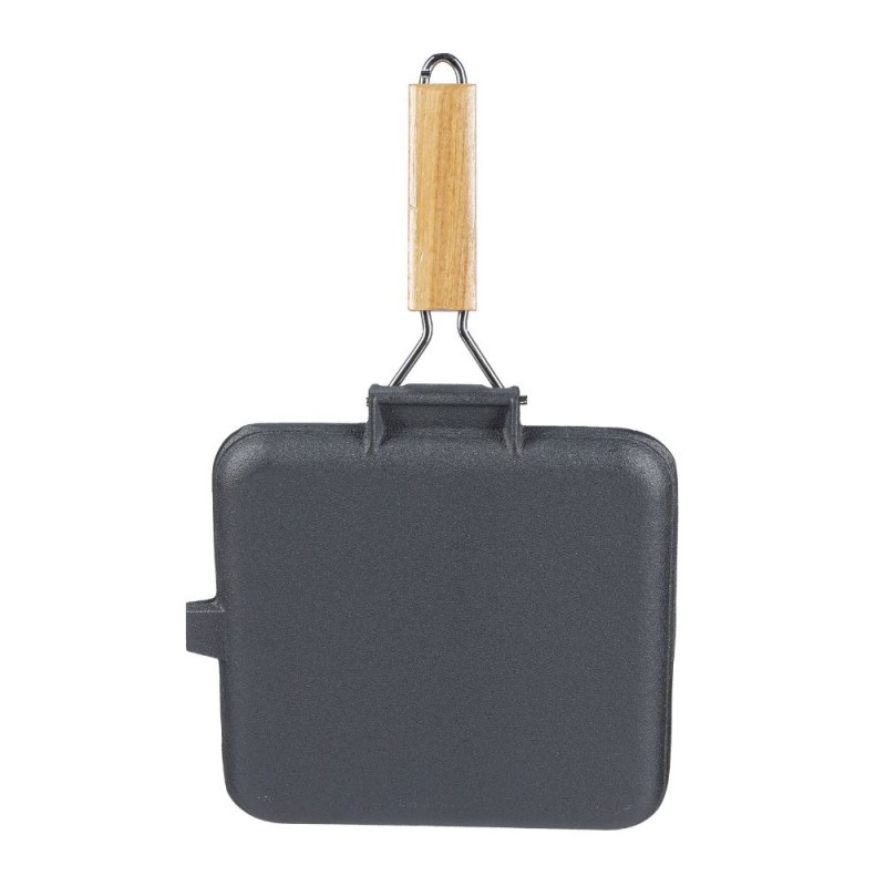 Sartén grill de hierro fundido con mango de madera plegable, 28x28 cm | Sartén para parrilla de hierro fundido | Sartén de hierro fundido |