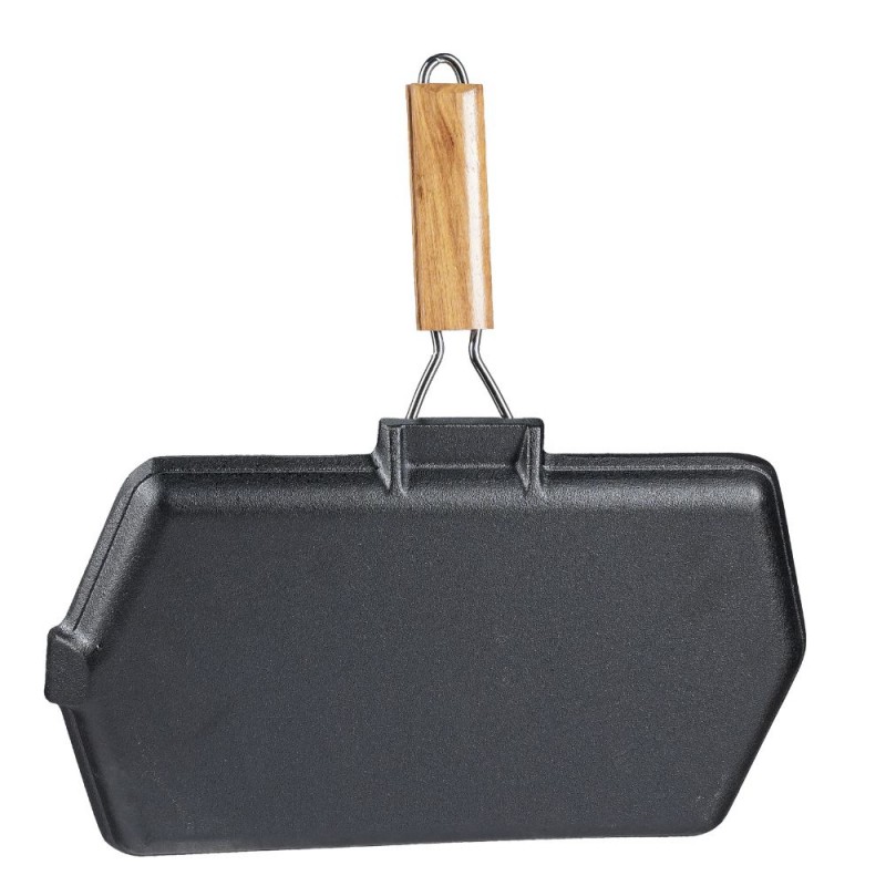 Sartén grill de hierro fundido con mango de madera plegable, 35x21 cm | Sartén para parrilla de hierro fundido | Sartén de hierro fundido |